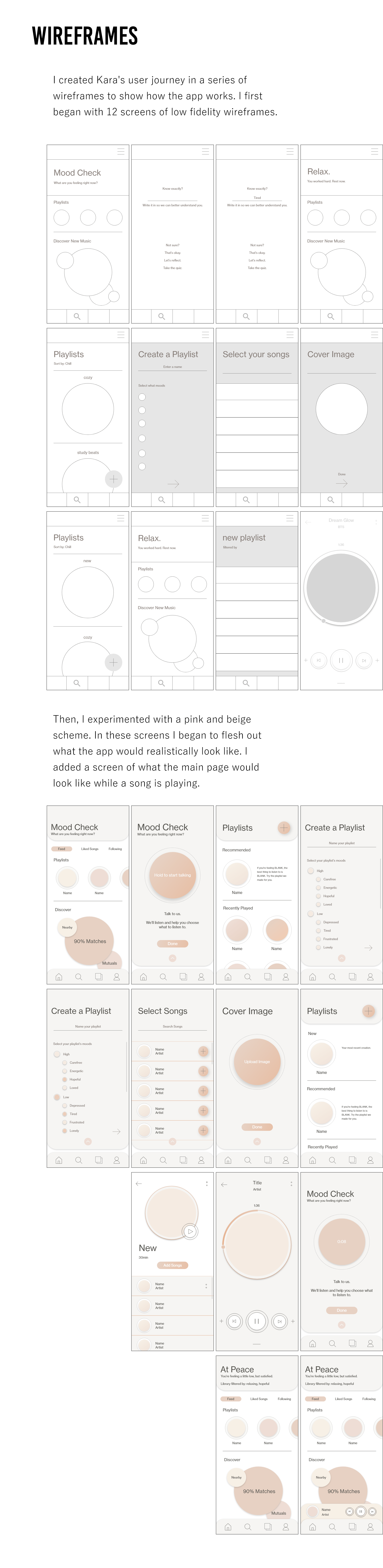 Two rounds of wireframing, increasing in fidelity